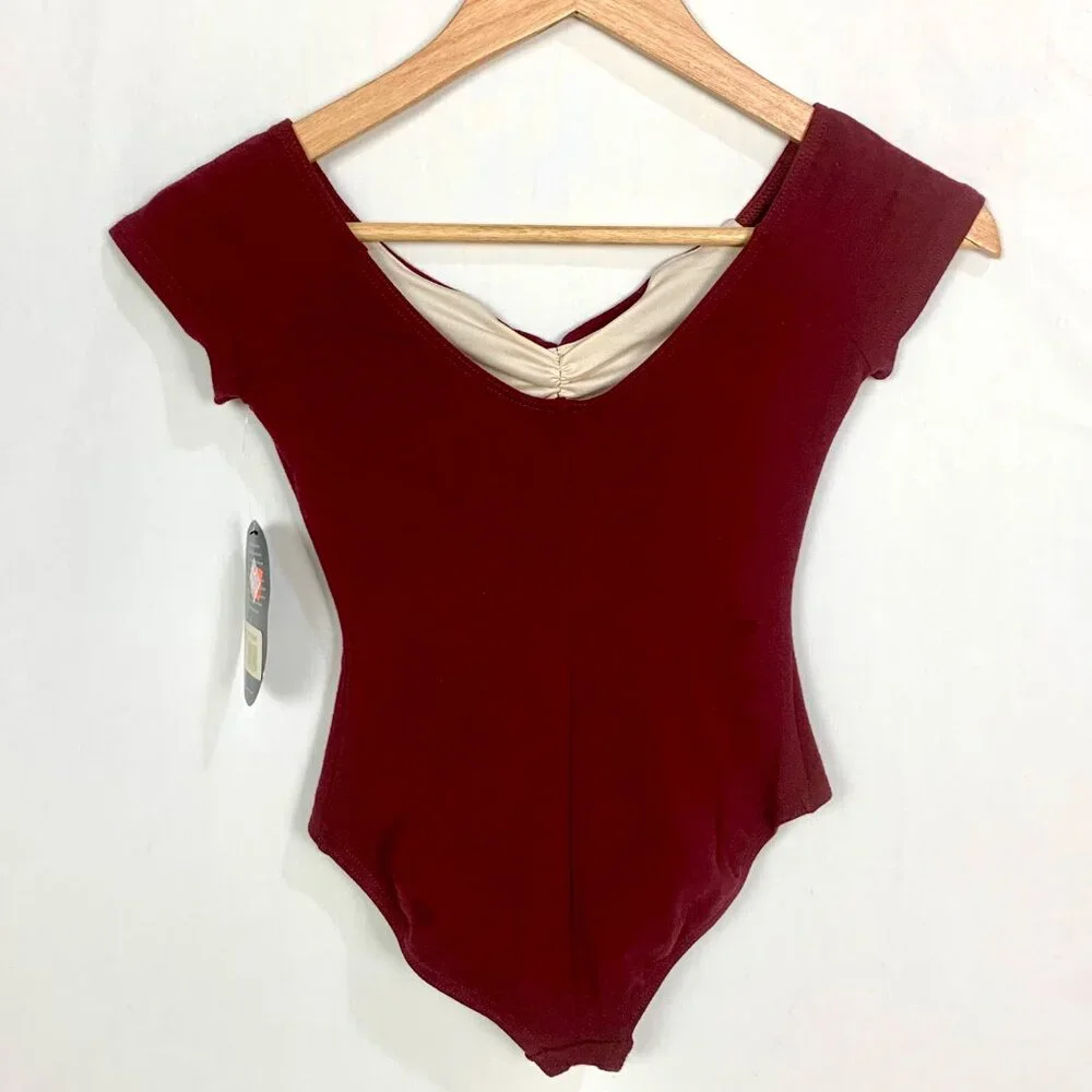 Capezio Child’s Short Cap Sleeve Pinch Front Leotard Size L Bodysuit Burgundy